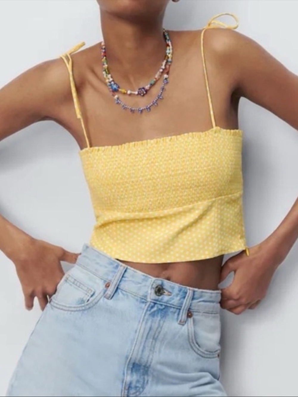 Zara Butter Yellow with White Polka Dots Smocked Tie-Strap Crop Top